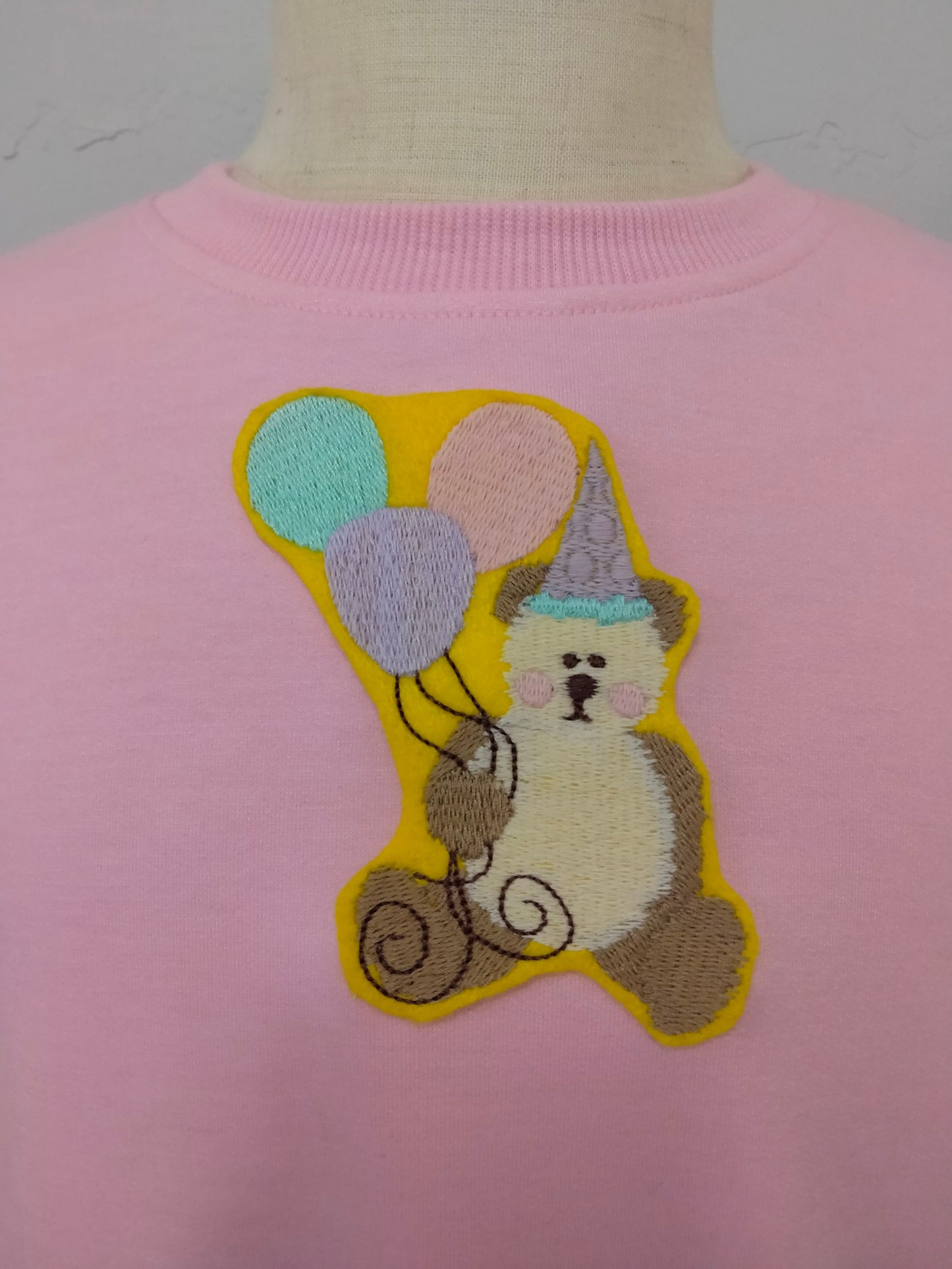 Pink Party Bear Embroidery Patch Sweater